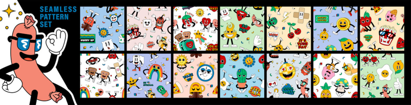 Mega set of cool seamless pattern with retro cartoon funny comic characters, gloved hands. Backgrounds with cute hand-drawn comic characters.