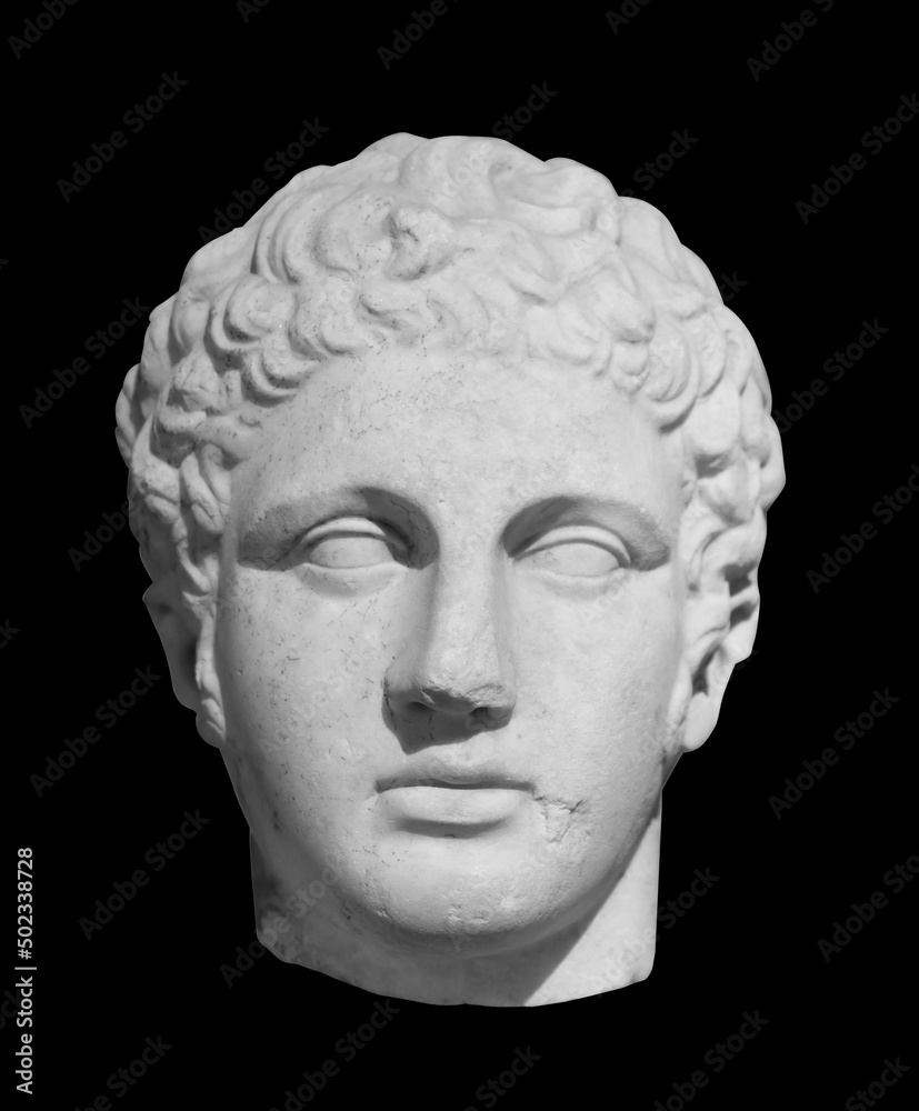 Wall mural Ancient statue of the antique god of commerce, merchants and travelers Hermes - Mercury. Head sculpture isolated on black background with clipping path