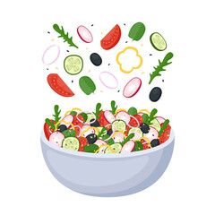 Homemade salad from fresh vegetables, greens and olives. Healthy food. Vegan or vegetarian meal. Vector illustration