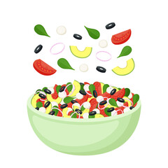 Homemade salad from fresh vegetables, greens, avocado, mozzarella and olives. Healthy food. Vegetarian meal. Vector illustration