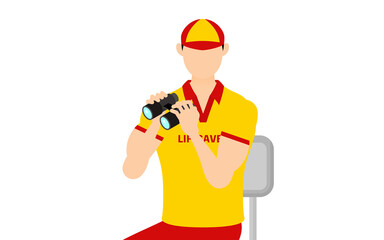 男性ライフセーバーのポーズ、監視台から双眼鏡で安全確認する