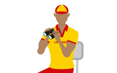 シニア男性ライフセーバーのポーズ、監視台から双眼鏡で安全確認する