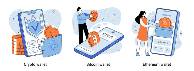 Crypto wallet metaphor. Concept of mobile payments. Bitcoin wallet connected mobile phone. Earning money to your e-wallet. Ethereum currency virtual money, online payment, electronic purse for paying - obrazy, fototapety, plakaty