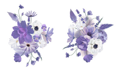 Fototapeta na wymiar Purple watercolor flowers, bouquets isolated on white background