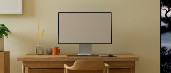 Comfortable minimalist working space interior with blank computer desktop