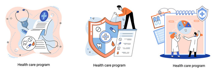 Health care program metaphor, online medical services, protection medicine. Medical insurance, hospital services, preventive check up, sick leave certificate treatment diagnosis patients, telemedicine