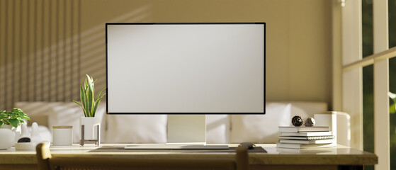 Cozy minimal home workspace interior design with desktop computer mockup
