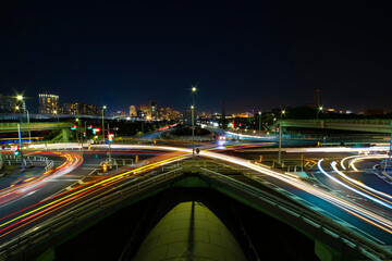 A night traffic jam at the urban street in Tokyo wide shot