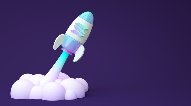 Valencia, Spain - May, 2022: Solana to the moon, bullish altcoin SOL cryptocurrency. Solana token crypto currency logo in a rocket with copy space background in 3D rendering. Blockchain and defi