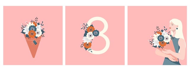 Set collection card. A beautiful girl holding a bouquet of flowers. Postcard for Mother's Day or International Women's Day..