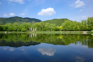 Fototapeta na wymiar tree and hill have reflection in the lake like mirror