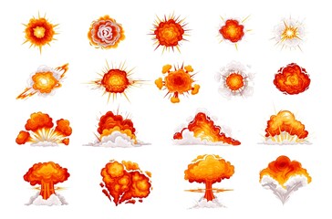 Bomb explosion and fire bang in cartoon cartoon. Red explode of bomb, explosions with dynamite clouds and flash. Explosion for animation, vector illustration.