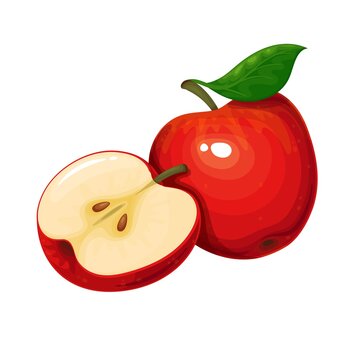 Red apple fruit with green leaf and half apple in cartoon style. Healthy vegetarian food, vector illustration.