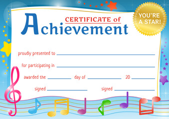 Certificate of achievement for kids. Award for wining in a music competition. Certificate of recognition for participating or excellence in a competition. 