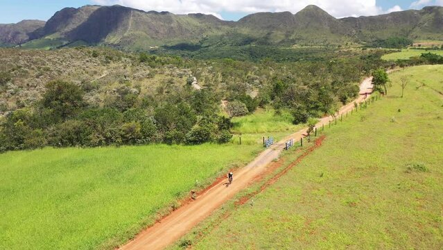 aerial view of cyclists on trail in Serra da Canastra, Minas Gerais, Brazil