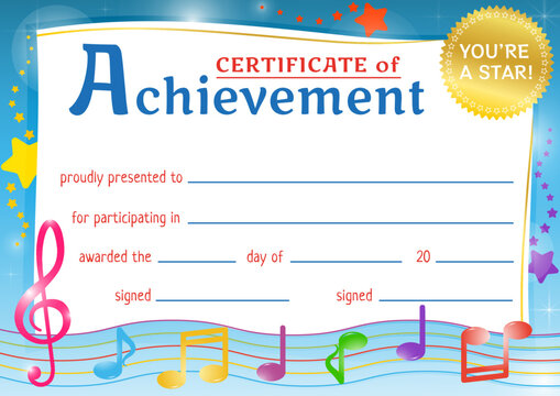 Certificate of achievement for kids. Award for wining in a music competition. Certificate of recognition for participating or excellence in a competition. 