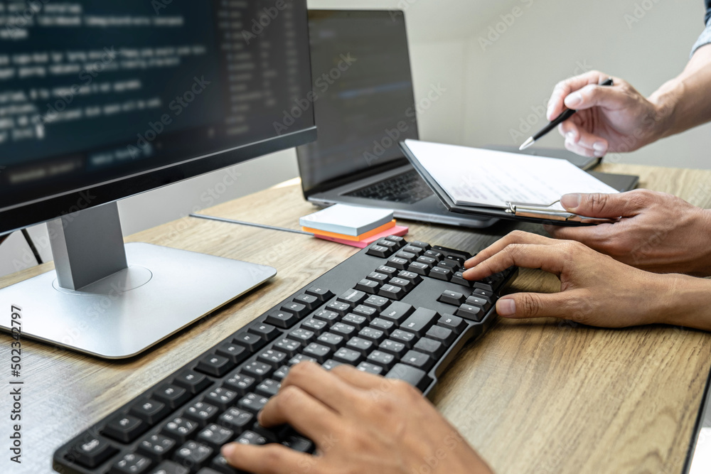 Aufkleber programmer team of developing programming and website working in a software develop company office, 