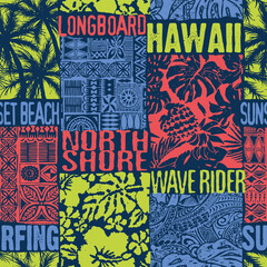 Hawaiian style hibiscus and tribal element fabric patchwork abstract vintage vector seamless pattern  © PrintingSociety