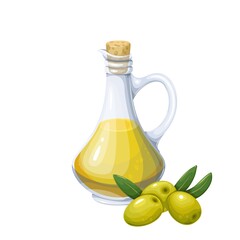 Olive oil glass jug pitcher jar bottle and green olives with leaves vector illustration