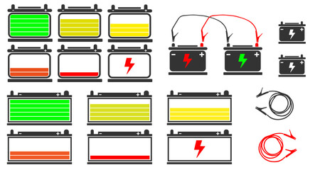 Set of car battery charge indicator from full to low to critical