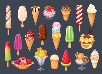 Ice cream icons of wafer cone balls with whipped cream, Thai ice cream roll with waffle, twisted fruit ice cream on stick, popsicle on stick in chocolate glaze and ets. Cartoon vector illustration.