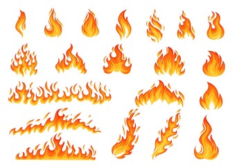 Fire flame set. Orange flaming elements vector illustration. Flare bonfire, bright small and big fiery elements. © setory