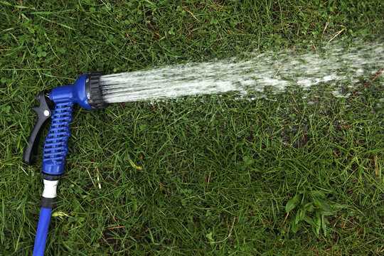 Blue gun spray water on the hose for watering the lawn. Blue spray gun for watering green grass. Irrigation of the garden with a garden hose. Gardening. Farming. Agriculture. Place for your text