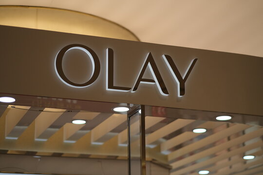 Shanghai,China-Feb. 13th 2022: close up OLAY store sign and logo. skin care brand