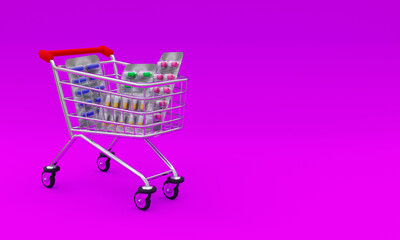 3d illustration, shopping cart, with medicines, on a pink background, copy space 3d rendering