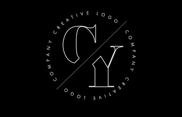 White Outline CY c y Letter Logo with Cut and Intersected Design and circled frame on black background.