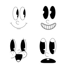 Set of retro cartoon mascot characters. 30s 40s 50s hand drawn facial expressions. Old animation funny face caricatures.