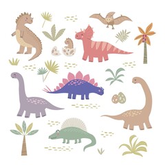 Fototapeta na wymiar Set of cute dinosaur vector illustrations . Prehistoric lizard collection isolated on white background. Hand drawn cartoon characters reptiles