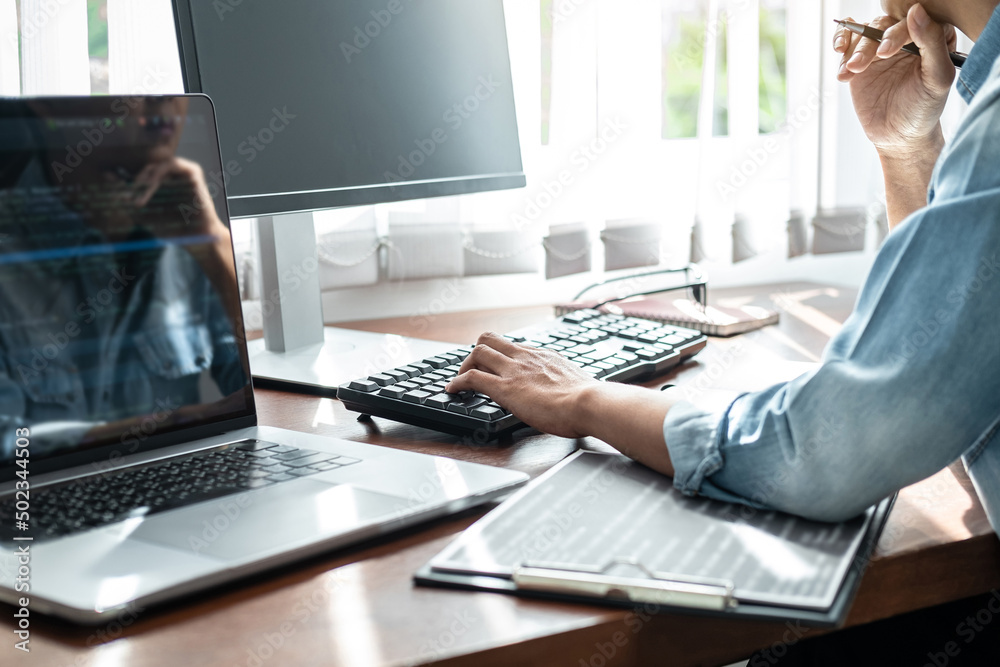Aufkleber asian woman programmer looking code data on screen laptop and thinking with hand of chin about new p