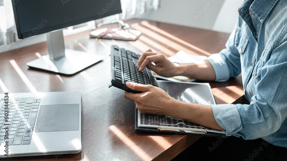 Aufkleber close up of hand asian woman programmer typing code data about new project with keyboard on laptop