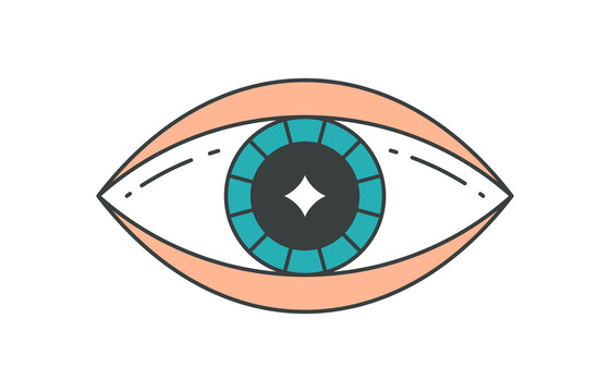 Comic human eye with blue eyeball and eyelids pop art groovy style t shirt print vector cartoon