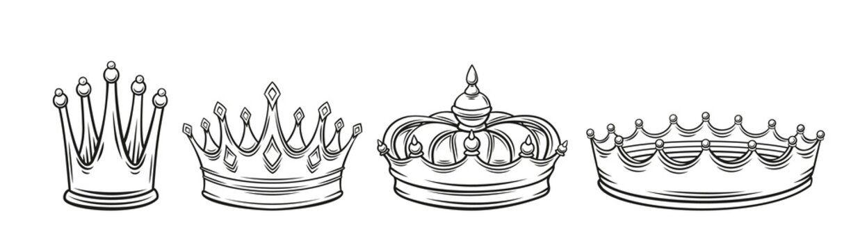 Crowns outline icons set. First place winner, royal jewelry and wealth. Drawn monochrome of triumph first simple vintage engraving style.