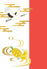 赤と金色でおめでたい鶴亀のポストカードイラスト　白背景縦型