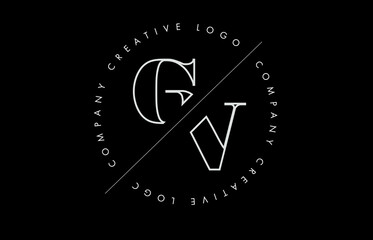 White Outline GV g v letter logo with cut and intersected design and round frame on a black background.
