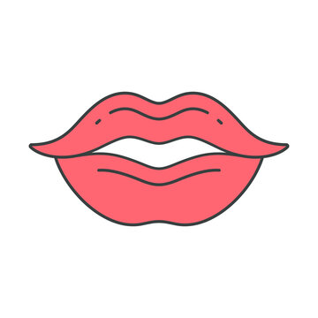 Pleasant pink lipstick female mouth seductive kiss pop art groovy t shirt print decorative design vector cartoon