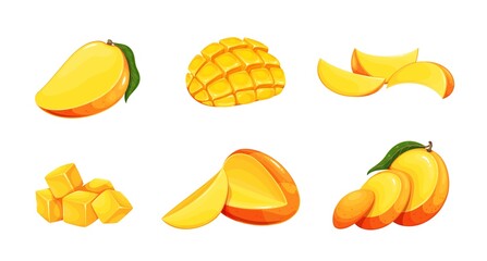 Red cut mango and ripe pieces, sliced to cubes, mango slices. Dessert tropical fruit vector illustration.