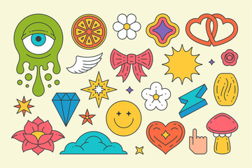 Set colorful groovy pop art elements graphic stickers t shirt print design vector cartoon