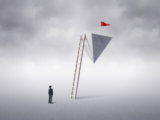 Man observing white solid pyramid suspended in the air, surreal concept. Man on the road to...