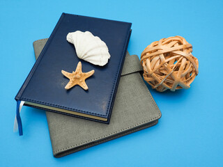 two notebooks lie on a blue background. there are a shell and a starfish on them