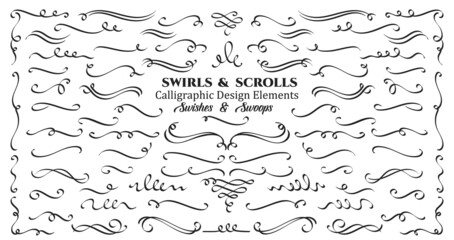 Fototapeta Swirls or scrolls, vintage flourishes, stroke and curls. Swishes, swashes or swoops. Calligraphic line, wedding dividers text and calligraphy ornament ink vector design elements. obraz