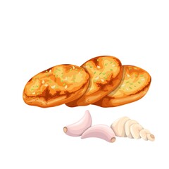 Crunchy garlic bread with garlic cloves. Vector illustration of fried french baguette