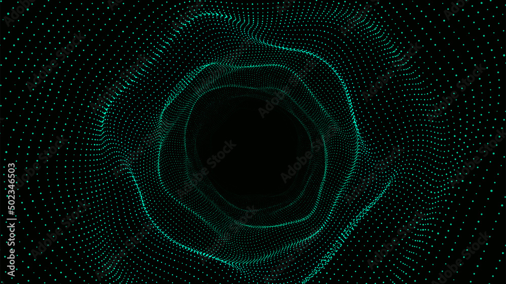 Poster abstract dynamic wireframe tunnel on green background. deep wave wormhole. futuristic particle flow.