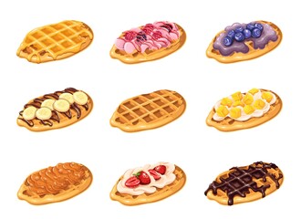 Croffle, Croissant Waffle Korean pastry. Croffle with different sweet topping banana, chocolate, raspberry, strawberry, honey, caramel, blueberry and syrup. Waffle menu vector illustration.