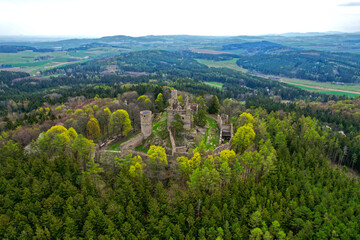 Fototapeta na wymiar “Helfenburk u Bavorova” castle ruins aerial view in Czech Republic Europe