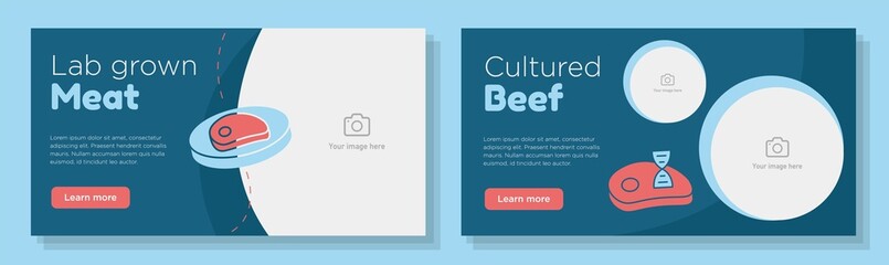 Lab grown meat online banner template set, cultured beef headset advertisement, horizontal ad, sustainable food production campaign webpage, flyer, creative brochure, isolated on background