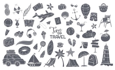 Vacation glyph icons. Time to travel, monochrome elements. Badge of tourism and traveling plane lighthouse, cocktails, sun lounger, surfboard, beach equipment, tickets and ets
